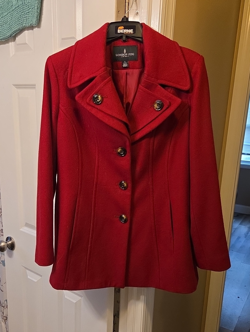 London Fog Women's Red Single-Breasted Pea Coat with Notched Collar